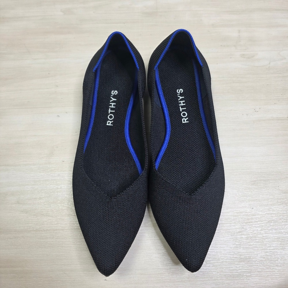 Rothys The Point Black Solid Pointed Toe Flats Blue Halo Womens Size 9